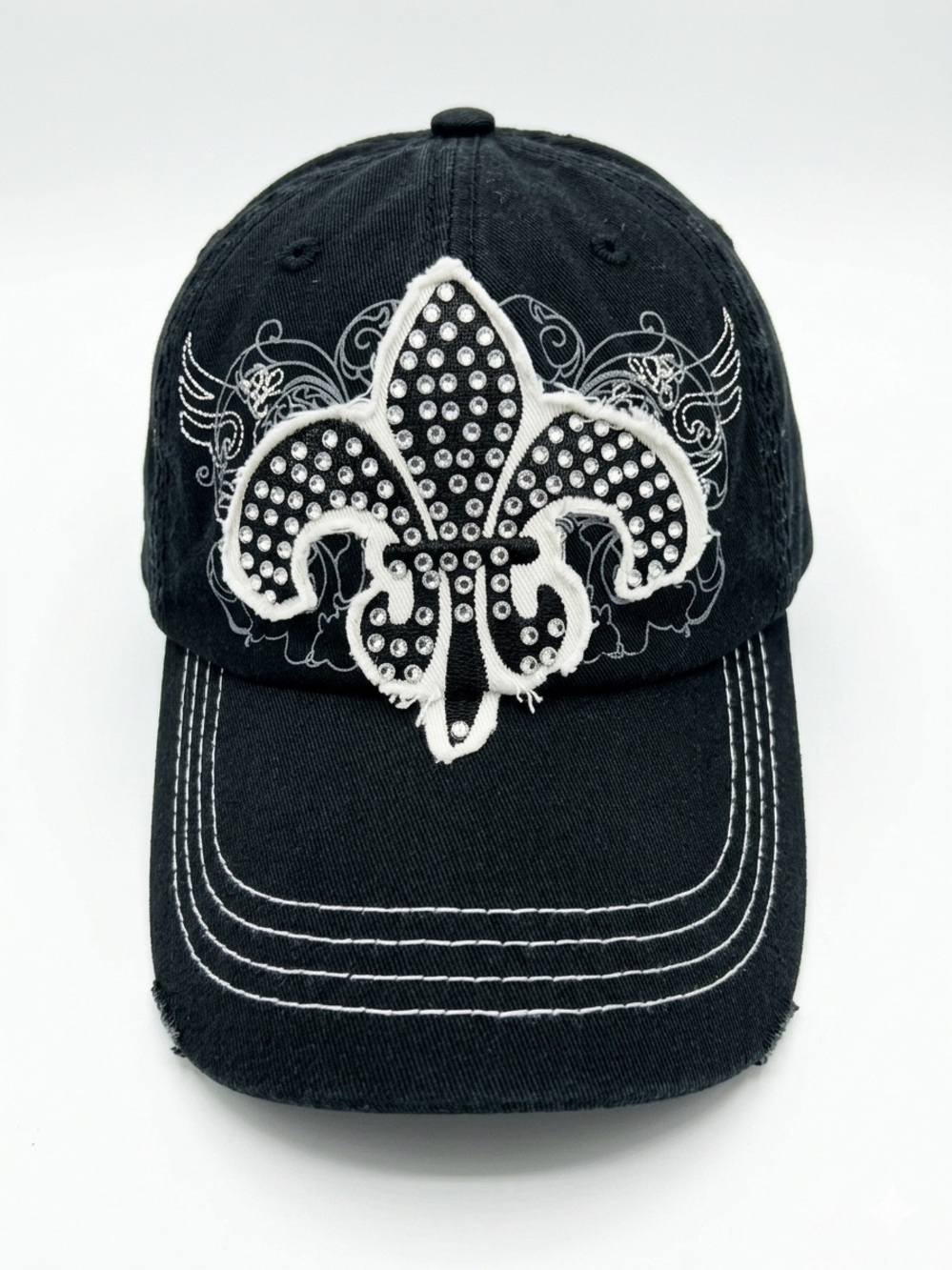 Black Fleur De Lis Rhinestone Distressed Baseball Cap Hat Adjustable Women’s